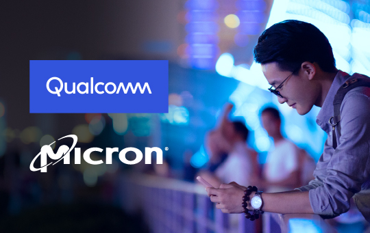 Qualcomm and Micron logos with a man looking at his phone